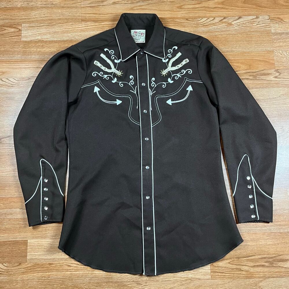 Vintage H Bar C Embroidered Pearl Snap Western Brown Ranch Wear Spurs Mens‎ Sz M